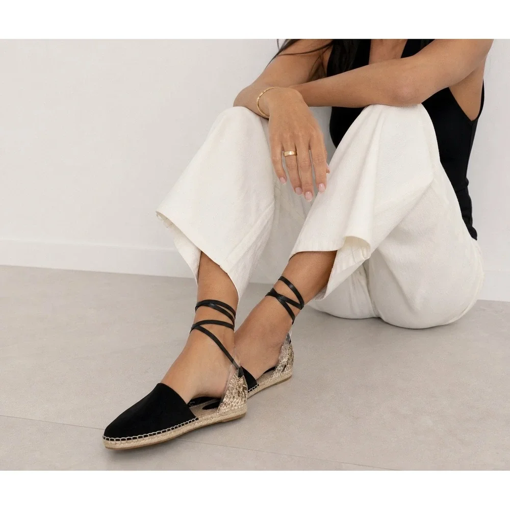 Freda Salvador Aria Black Suede Snakeskin Ankle Strap Espadrille Flats Size‎ 41